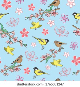 Vector light blue Blossums and Birds from the Sukura collection seamless pattern background. Modern scattered design featuring birds, blossom flowers and leaves. Use for decor, clothing & accessories.