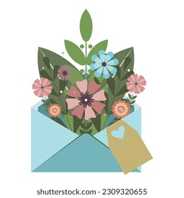 Vector light blue envelope with flowers. Flat spring compozitions. Flower gift. Mothers day.
