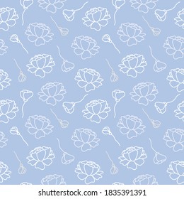 Vector light blue floral seamless repeat pattern background, hand drawn flower elements, flower doodle pastel design.