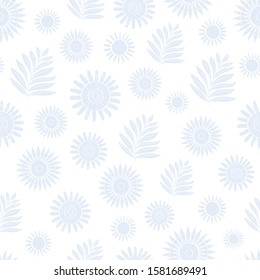 Vector Light Blue Flowers and Leaves Scattered on a White Background. Background for textiles, cards, manufacturing, wallpapers, print, gift wrap and scrapbooking.