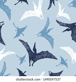Vector light blue flying reptile dinosaur sketch repeat pattern. Perfect for textile, giftwrap and wallpaper.