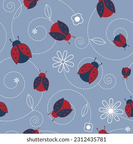 Vector light blue garden tea party ladybugs seamless pattern background design. Ideal for fabric, wallpaper, scrapbooking and more