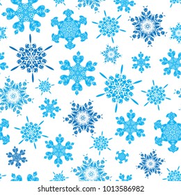 Vector light blue hand drawn christmass snowflakes repeat seamless pattern background. Can be used for fabric, wallpaper, stationery, packaging.