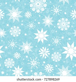 Vector light blue hand drawn christmass snowflakes stars repeat seamless pattern background. Can be used for fabric, wallpaper, stationery, packaging.