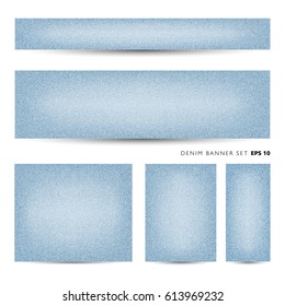 Vector light blue jeans backgrounds, set of horizontal and vertical banners with light blue denim texture realistic denim cloth illustration.