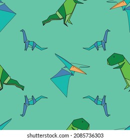 Vector light blue Origami dinosaurs and flying reptiles background pattern