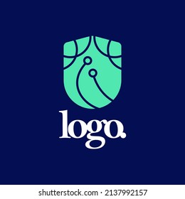 Vector light blue shield logo isolated by the dark blue background. Logo for tech, data, internet, connection, encryption, and security.