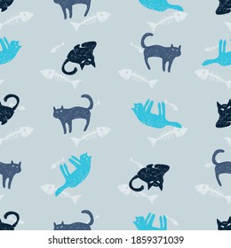 Vector light blue spaced out rows mystery cat pen sketch seamless pattern with fish bones background. Perfect for fabric, scrapbooking and wallpaper projects.