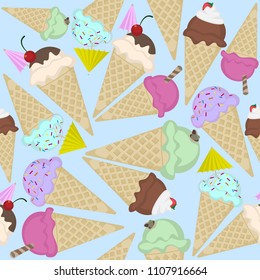 Vector light blue summer pastel pattern with ice creams.