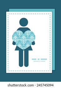Vector light blue swirls damask woman in love silhouette frame pattern invitation greeting card template