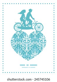 Vector light blue swirls damask couple on tandem bicycle heart silhouette frame pattern greeting card template