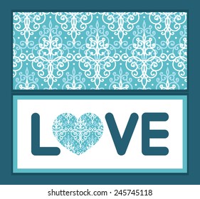 Vector light blue swirls damask love text frame pattern invitation greeting card template