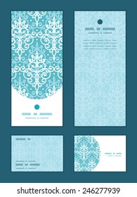 Vector light blue swirls damask vertical frame pattern invitation greeting, RSVP and thank you cards set