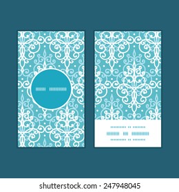 Vector light blue swirls damask vertical round frame pattern business cards set