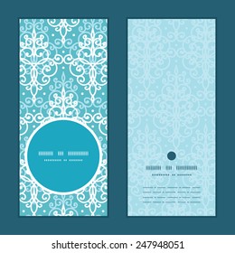 Vector light blue swirls damask vertical round frame pattern invitation greeting cards set