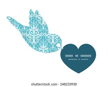 Vector light blue swirls damask birds holding heart silhouette frame pattern invitation greeting card template