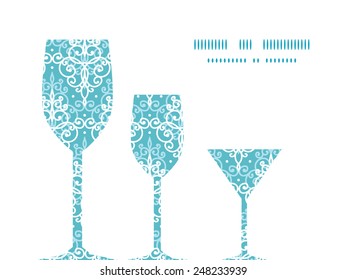 Vector light blue swirls damask three wine glasses silhouettes pattern frame