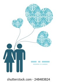 Vector light blue swirls damask couple in love silhouettes frame pattern invitation greeting card template