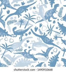 Vector light blue and white dinosaur sketch repeat pattern with chaotic arrangement. Perfect for textile, giftwrap and wallpaper.