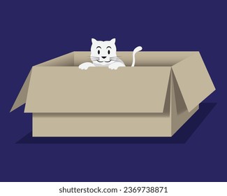 vector of a light brown cardboard box that is open at the lid and the head of a white kitten is visible in the cardboard box on a dark blue background