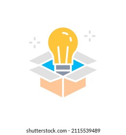 Vector light bulb in box, innovation, creative idea white line icon.