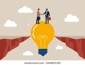 Vector of a light bulb bridging the gap between a businesspeople. Assisting business people to overcome difficulties. Flat vector  illustration