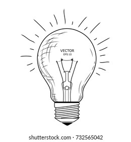 Vector light bulb with concept of idea. Doodle hand drawn sign. Illustration for print, web. Vector illustration