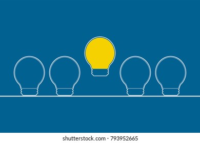 Vector light bulb with concept of idea. Hanging light bulbs with glowing one on blue background
