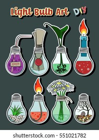 Vector Light Bulb Decorative Composition Art Candle, Aquarium, Letter, Flame, Chamomile Bouquet, Poison, Flowers