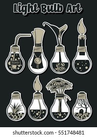 Vector Light Bulb Decorative Interior Composition Original Halloween Ideas Lightbulbs, Bottles, Aquarium Set