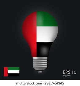 Vector light bulb with flag of Dubai, 3D rendering isolated on gray background.
