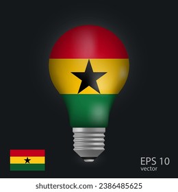 Bombilla vectorial con bandera de Ghana, 3D aislada en fondo gris.
