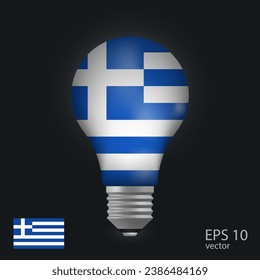 Vector light bulb with flag of Greece, 3D rendering isolated on gray background.
