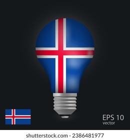 Bombilla vectora con bandera de Islandia, 3D enderezada en fondo gris.
