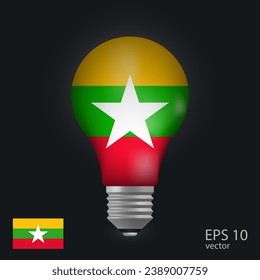 Vector light bulb with flag of Myanmar, 3D rendering isolated on gray background.
