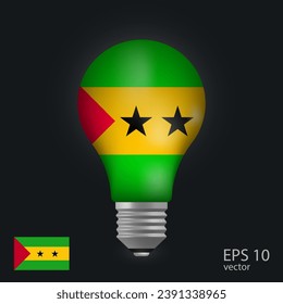 Vector light bulb with flag of Tome and Principe, 3D rendering isolated on gray background.
