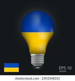 Vector light bulb with flag of Ukraine, 3D rendering isolated on gray background.
