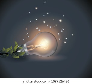 Vector light bulb with flying moths in the night.