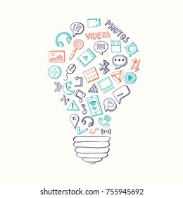 Vector light bulb formed of social media hand drawn elements. Social media doodle elements in form light bulb illustration
