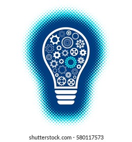 Vector light bulb with gear wheels halftone design