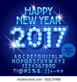 Bombilla vectorial Tarjeta de felicitación Feliz Año Nuevo 2017 con un conjunto de letras, símbolos y números. El archivo contiene estilos gráficos