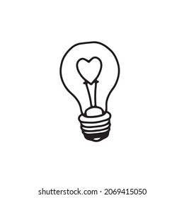 Vector light bulb with a heart inside. Linear illustration for wedding, Valentine's day