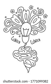 Vector light bulb icon and brain with concept of idea. Brainstorm. Doodle hand drawn sign. Illustration for print, web, print, design element.