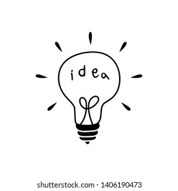 Vector light bulb icon with concept of idea. Doodle style. Vector illustration. 