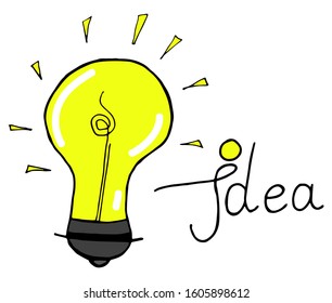 Vector light bulb icon with concept of idea. Doodle hand drawn sign. Perfect for invitations, greeting cards, print, flyers, posters, et