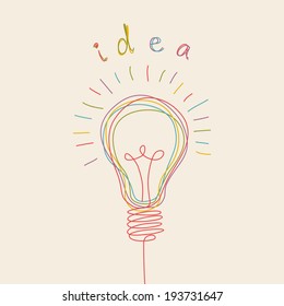 Vector light bulb icon with concept of idea. Doodle hand drawn sign. Illustration for print, web