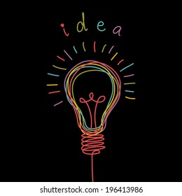 Vector light bulb icon with concept of idea. Doodle hand drawn sign. Illustration for print, web