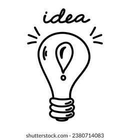 Vector light bulb icon with concept of idea. Doodle hand drawn sign. Illustration for print, web