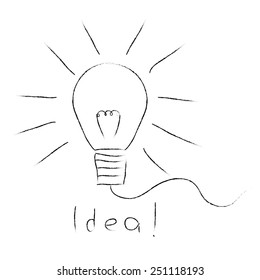 Vector light bulb icon with concept of idea. Doodle hand drawn sign. Illustration for print, web