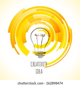 Vector light bulb icon with concept of idea. Doodle hand drawn sign. Illustration for print, web